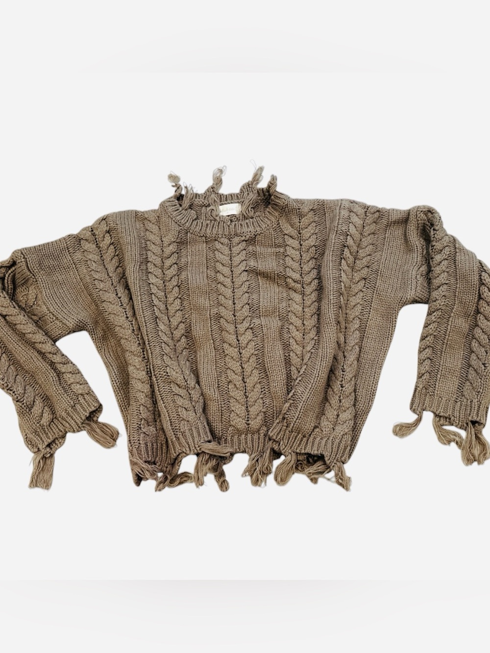 Altar'd State Chunky Cable Knit Fringe Sweater - Taupe Size Medium